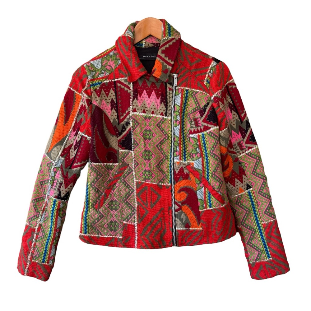 Zara Tapestry Patchwork Moto Jacket Multicolor Zi… - image 1